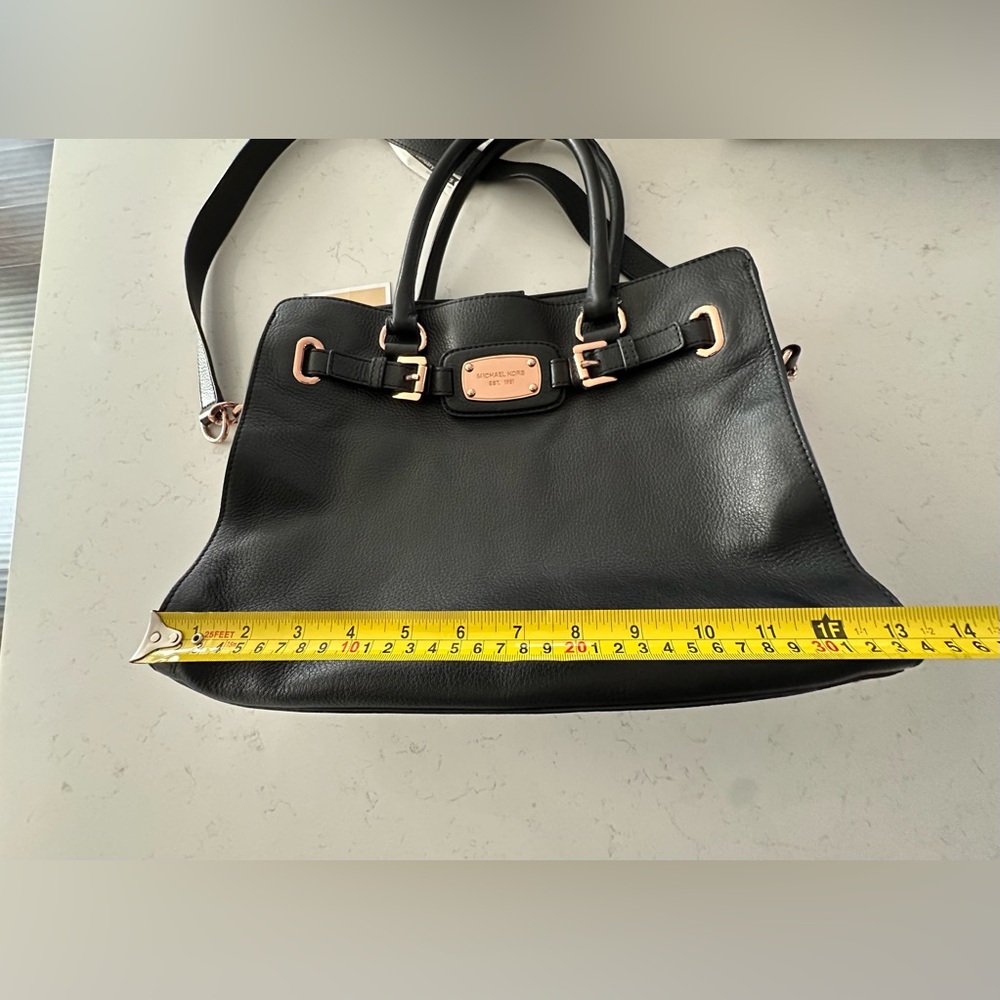 Michael Kors HAMILTON Black Pebbled Leather Satchel Tote Bag Rose Gold Hardware - Picture 10 of 17